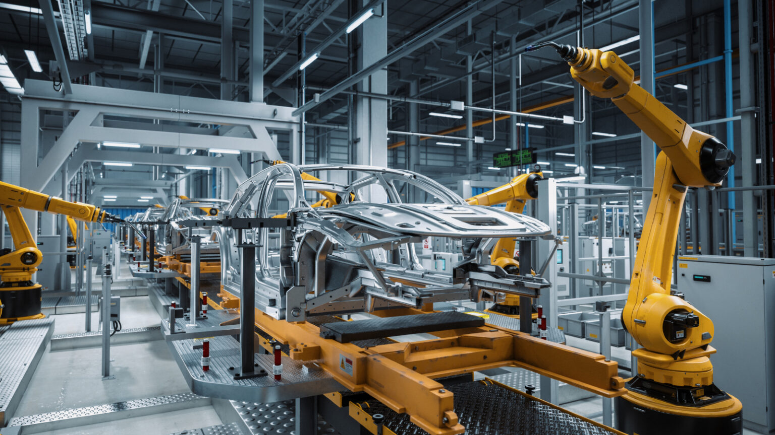 Car Factory 3D Concept: Automated Robot Arm Assembly Line Manufacturing High-Tech Green Energy Electric Vehicles. Automatic Construction, Building, Welding Industrial Production Conveyor.