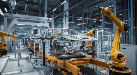 Car Factory 3D Concept: Automated Robot Arm Assembly Line Manufacturing High-Tech Green Energy Electric Vehicles. Automatic Construction, Building, Welding Industrial Production Conveyor.